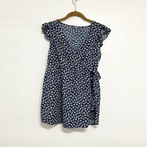 OLD NAVY Women Wrap Pullover Floral Blouse Blue V-Neck Flutter Sleeve Size Small